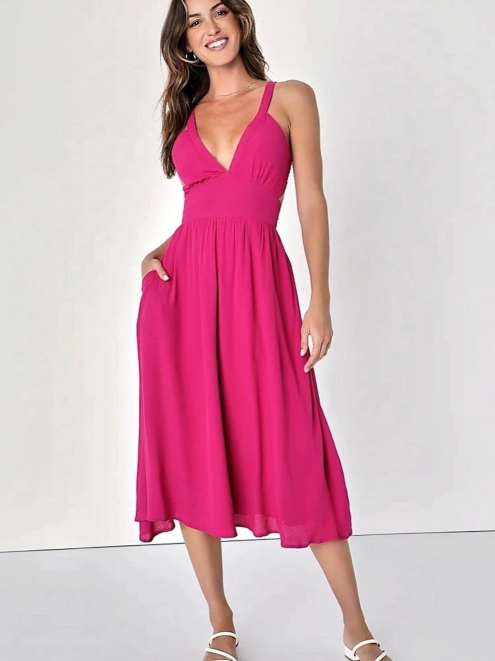 Lulus Bold New Look Magenta Tie-Back Midi Dress With Pockets XL